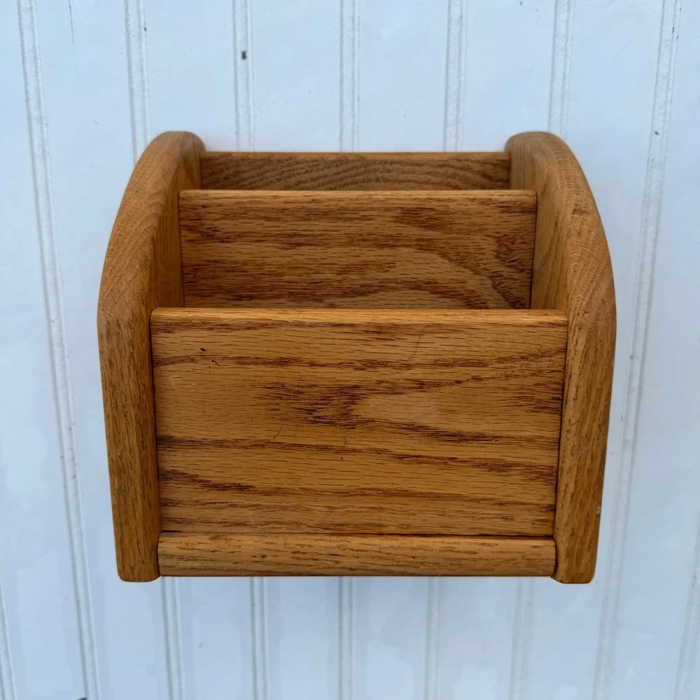 Vintage Solid Oak Wood 3 Slot Remote Control Holder Mail Organizer Caddy